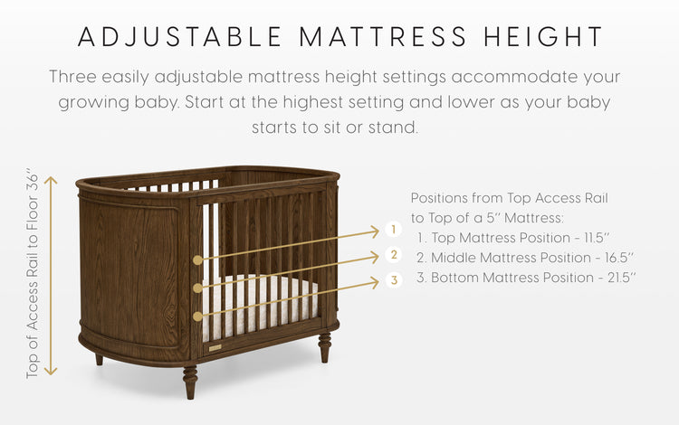 Wooden crib with adjustable mattress height illustration and text explaining settings.