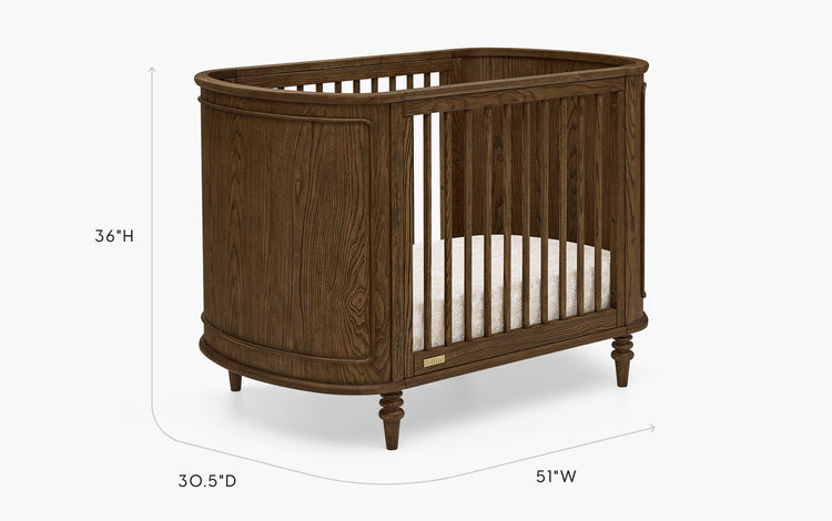 Wooden crib with dimensions labeled on a white background