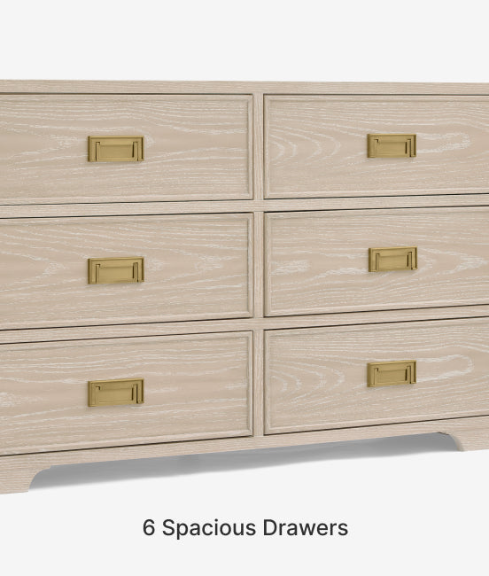 Wooden dresser with six drawers and gold handles on a white background
