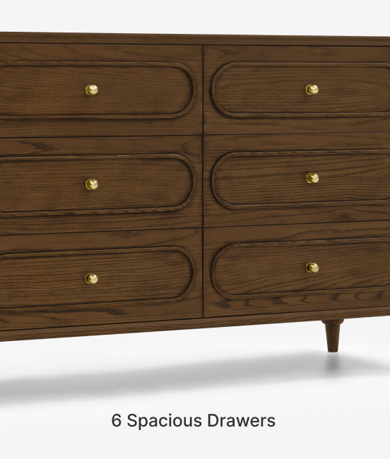 Wooden dresser with six spacious drawers and gold knobs on a white background.