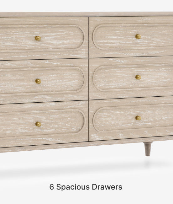 Beige dresser with six spacious drawers and gold handles on a white background