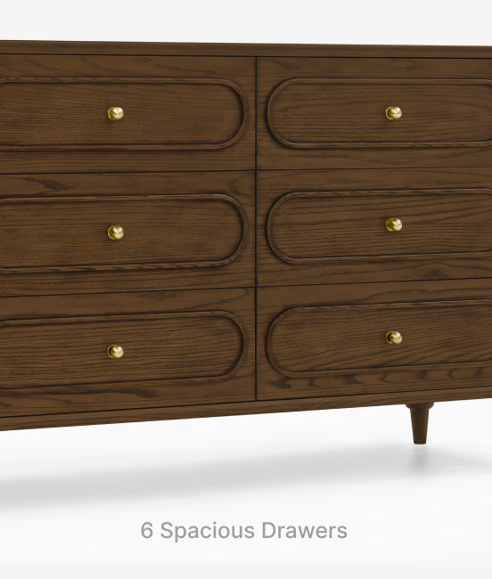 Wooden dresser with six spacious drawers and gold knobs on a white background.