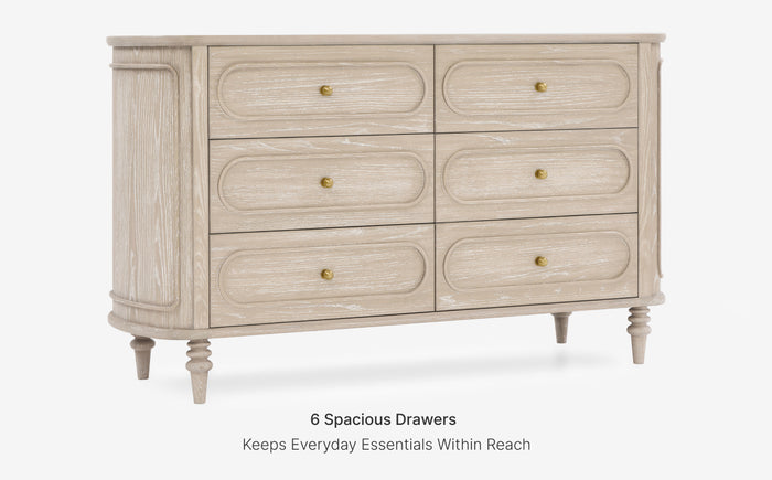 Beige dresser with six drawers on a white background