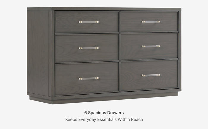Gray dresser with six drawers on a white background