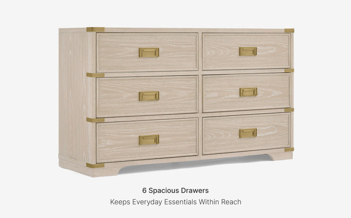 Beige dresser with gold accents on a white background