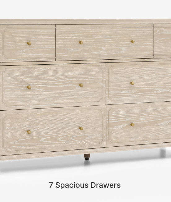 Wooden dresser with gold handles on a white background