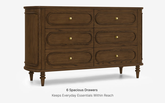 Wooden dresser with six drawers on a white background