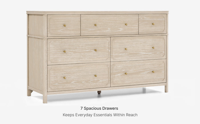 Beige dresser with seven drawers on a white background