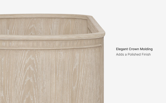 Wooden cabinet with crown molding on a white background