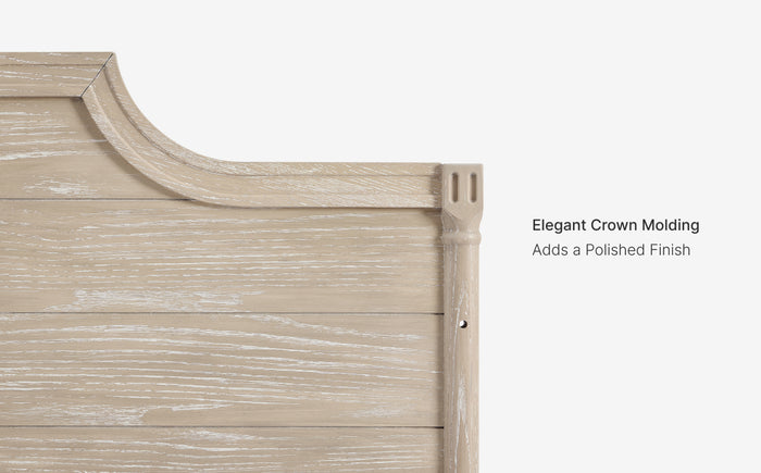 Close-up of crown molding with text 'Elegant Crown Molding Adds a Polished Finish' on a white background
