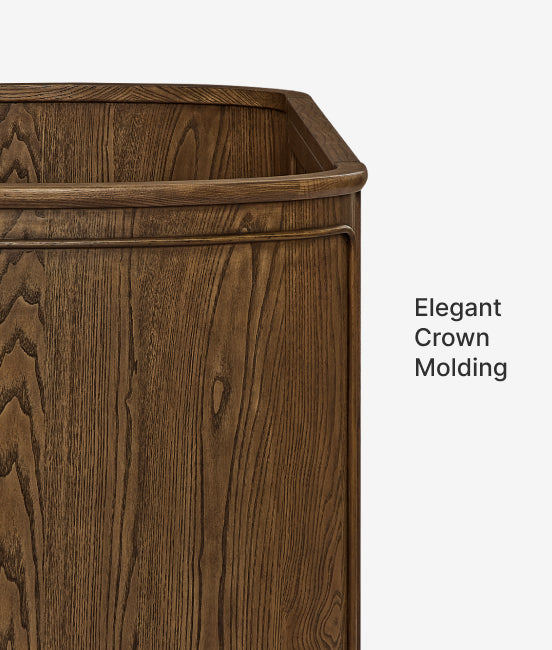 Wooden cabinet with elegant crown molding on a white background