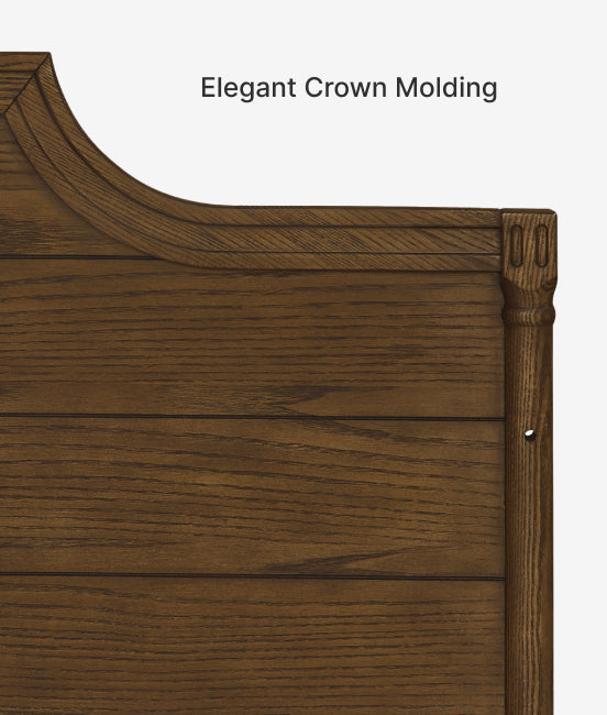 Wooden crown molding with 'Elegant Crown Molding' text on a white background