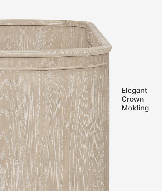 Wooden cabinet with elegant crown molding on a white background