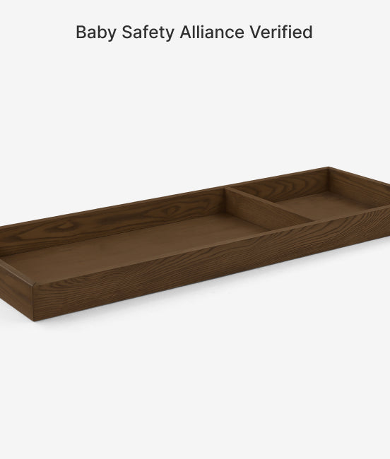 Wooden tray with 'Baby Safety Alliance Verified' label on a white background