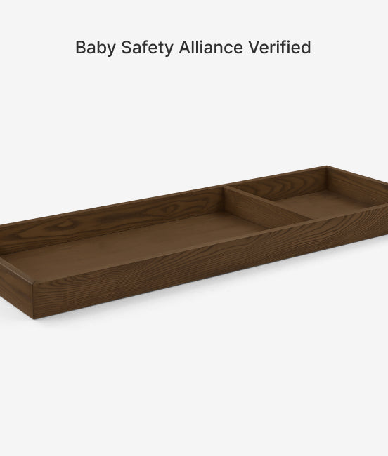 Wooden tray with 'Baby Safety Alliance Verified' label on a white background
