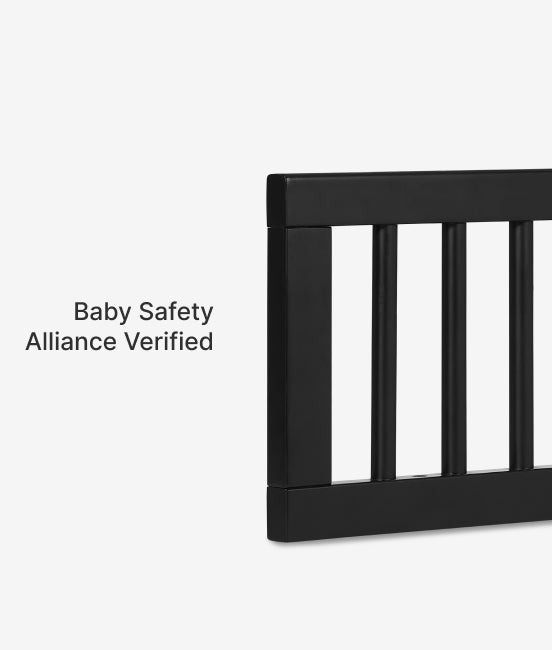 Black crib railing with 'Baby Safety Alliance Verified' text on a white background
