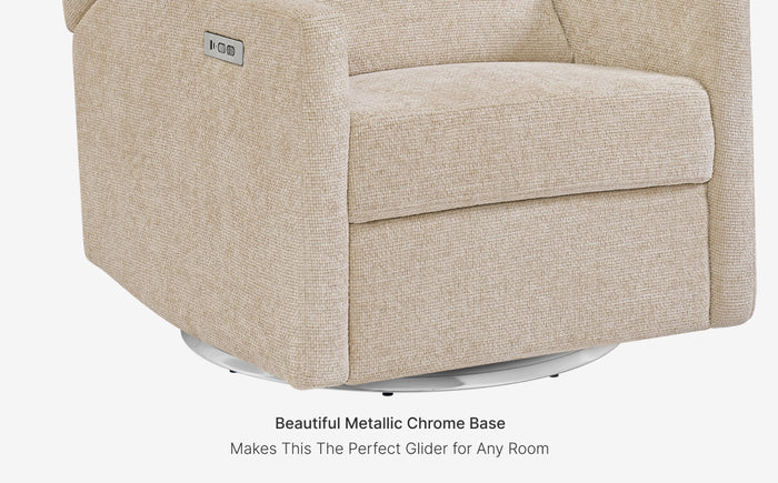 Beige recliner chair with metallic chrome base on a white background