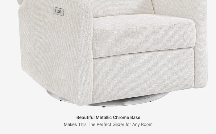 White glider chair with metallic chrome base on a white background