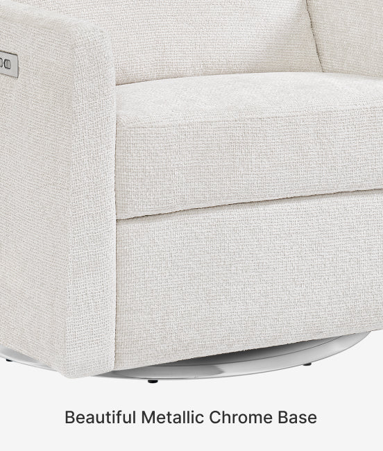 Gray recliner chair with a metallic chrome base on a white background