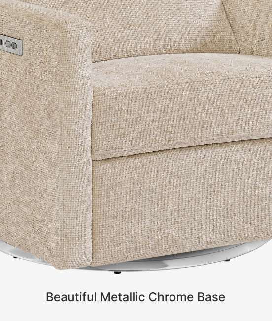 Beige recliner chair with metallic chrome base on a white background