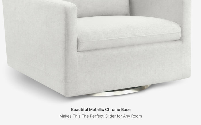 White swivel chair with metallic chrome base on a white background
