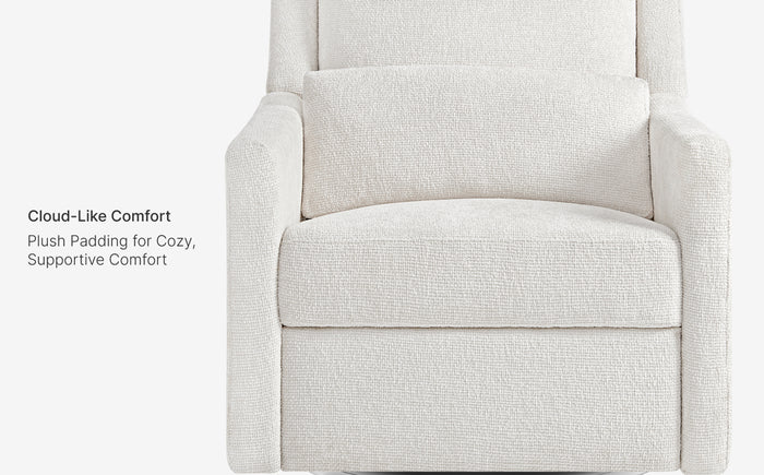 White recliner chair with text about cloud-like comfort on a white background