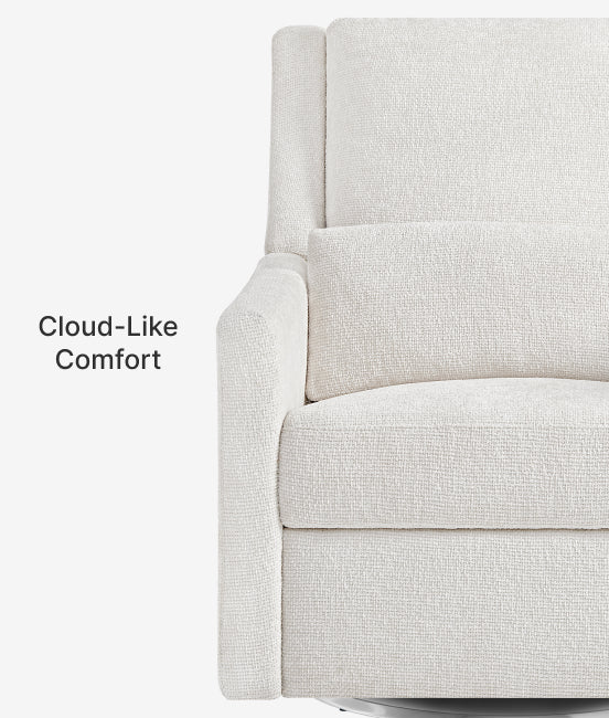Gray upholstered chair with 'Cloud-Like Comfort' text on a white background