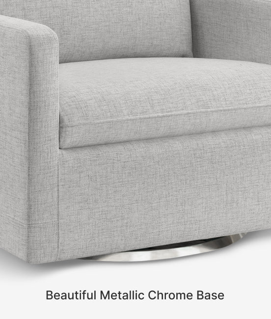 Gray upholstered chair with a metallic chrome base on a white background