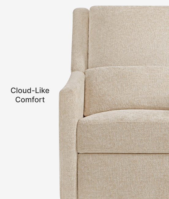 Beige upholstered chair with 'Cloud-Like Comfort' text on a white background