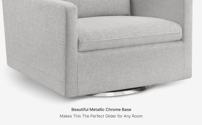 Gray swivel chair with metallic chrome base on a white background