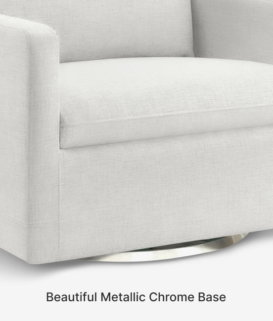 Gray upholstered chair with a metallic chrome base on a white background