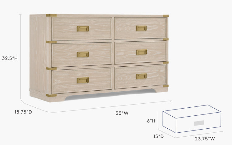 Beige dresser with gold accents and dimensions displayed on a white background