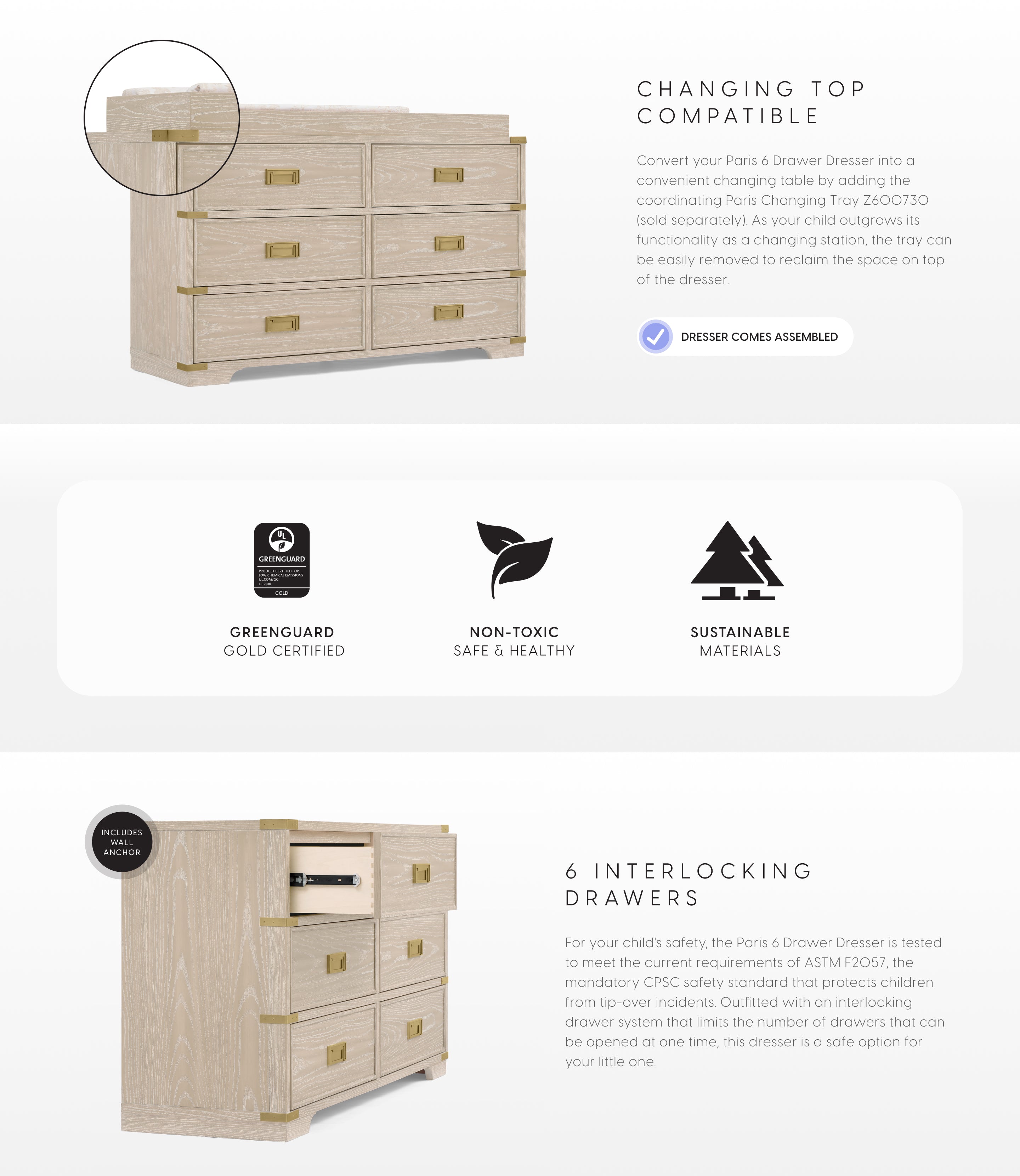 Wooden dresser with interlocking drawers and product features on a white background