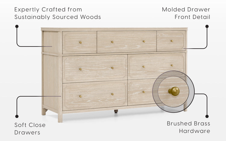 Wooden dresser with features highlighted on a white background