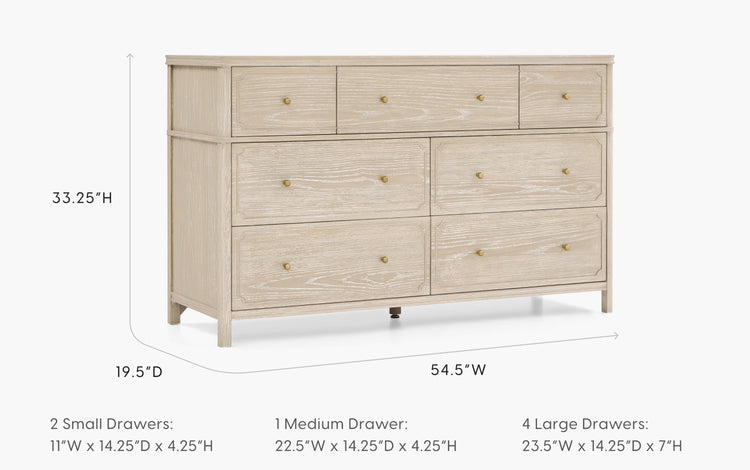 Wooden dresser with dimensions labeled on a white background