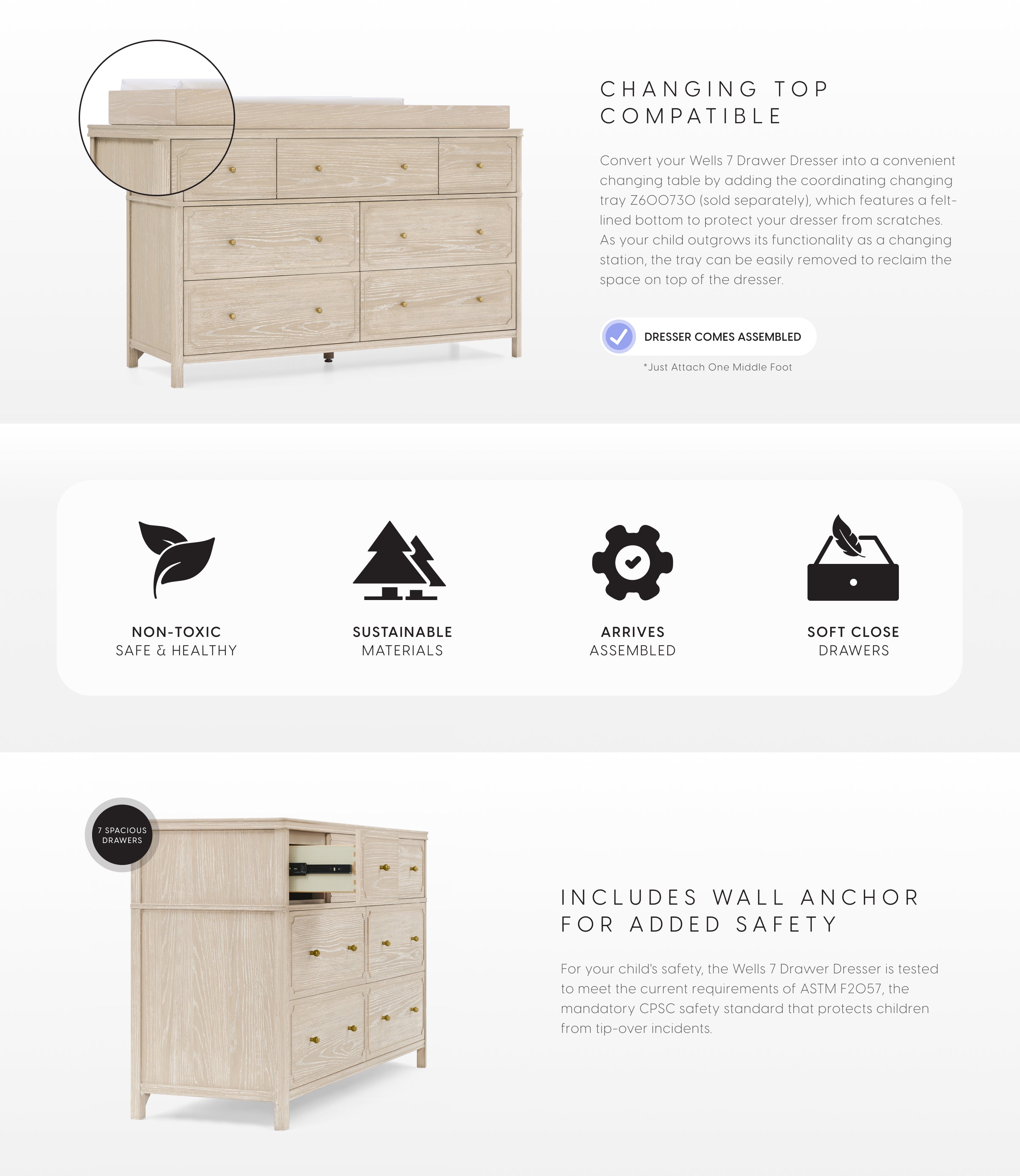 Wooden dresser with changing top compatibility features on a white background