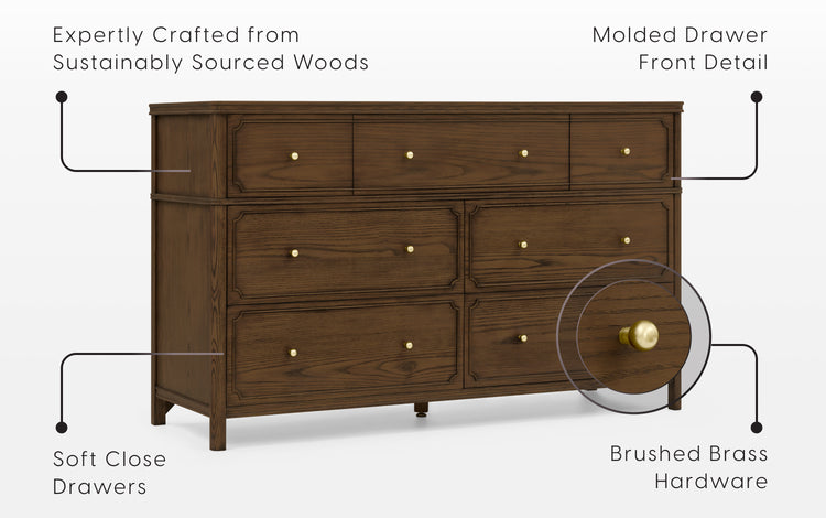 Wooden dresser with features highlighted on a white background