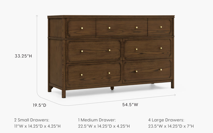 Wooden dresser with dimensions labeled on a white background