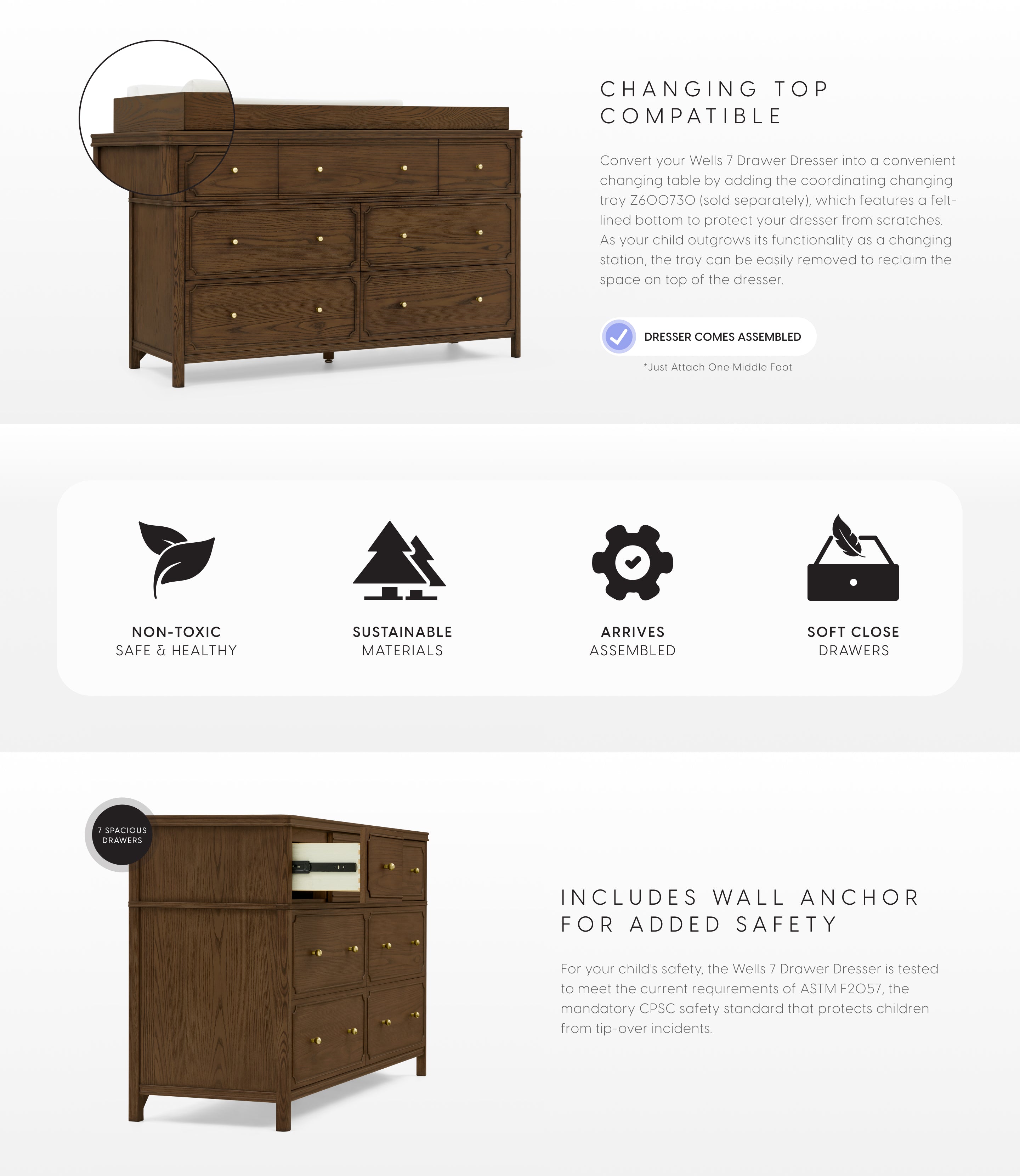 Wooden dresser with changing top feature on a white background