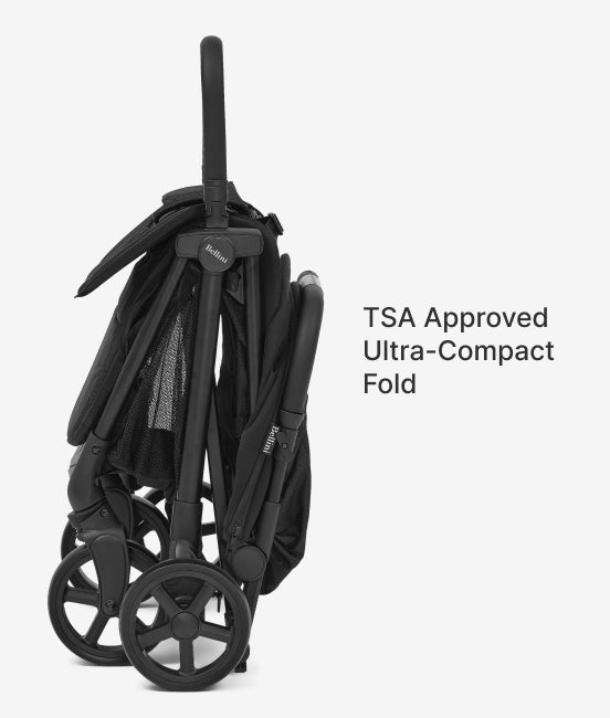 Black stroller in ultra-compact fold on a white background with 'TSA Approved Ultra-Compact Fold' text.