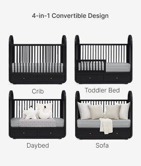 4-in-1 convertible design showing crib, toddler bed, daybed, and sofa stages.