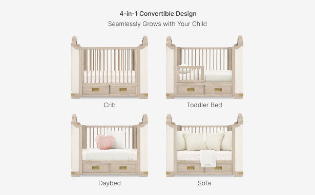4-in-1 convertible crib transforming into a toddler bed, daybed, and sofa on a white background.