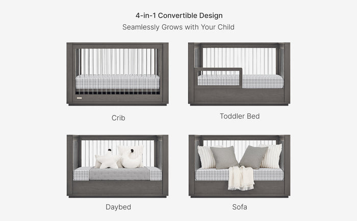 4-in-1 convertible furniture design transitioning from crib to toddler bed, daybed, and sofa.