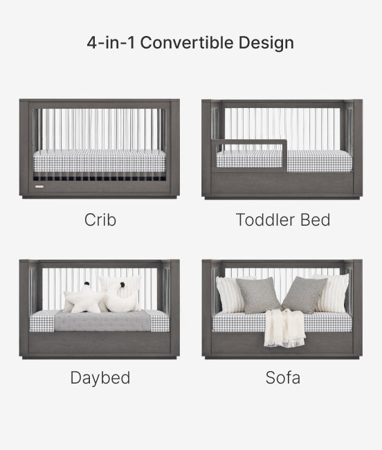 4-in-1 convertible design of a bed with crib, toddler bed, daybed, and sofa configurations.
