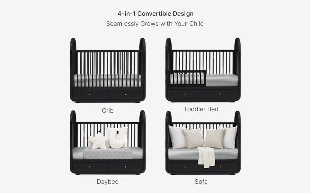 4-in-1 convertible bed design showing crib, toddler bed, daybed, and sofa stages on a white background.
