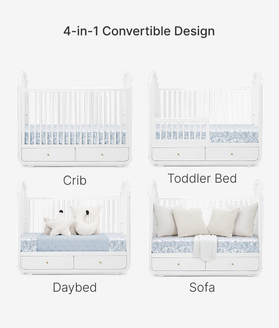 4-in-1 convertible bed design showing crib, toddler bed, daybed, and sofa stages.