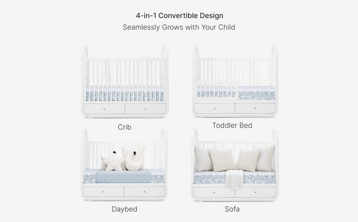 4-in-1 convertible bed design showing crib, toddler bed, daybed, and sofa stages on a white background.