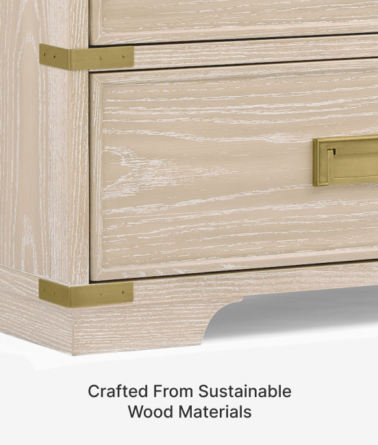 Wooden furniture with brass hardware on a white background, featuring text 'Crafted From Sustainable Wood Materials'.