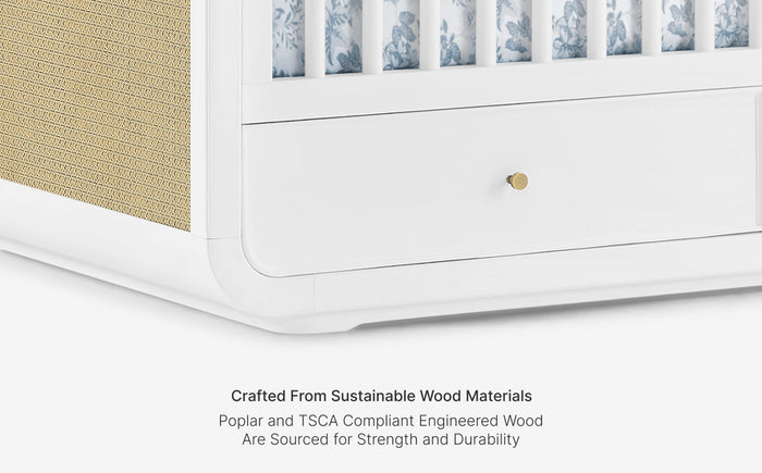 White crib with text about sustainable wood materials on a white background