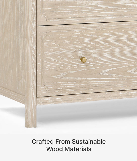 Wooden drawer with a gold handle on a white background, featuring text 'Crafted From Sustainable Wood Materials'.